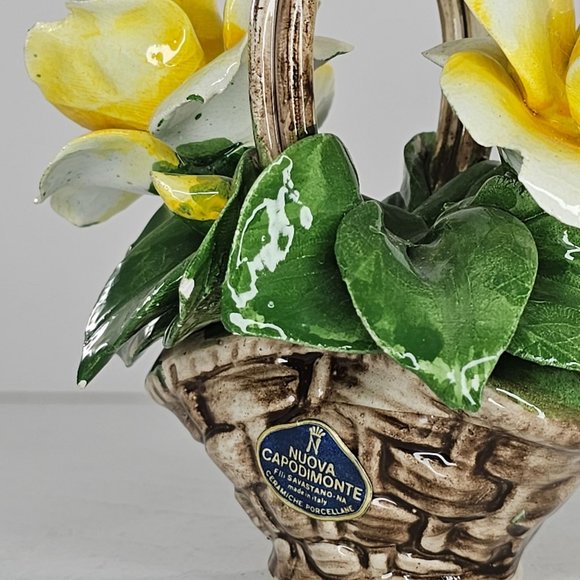 Vintage Nuova Capodimonte Yellow Porcelain Rose Flower Basket Italy *Chipped - Picture 11 of 12